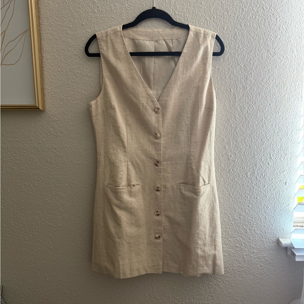 Cotton Linen Vest Mini Dress Casual ButtonDown Sleeveless Pockets(Apricot-M) - Picture 3 of 3